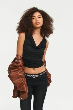 SOLADO Cowl Neck Check Print Open Back Crop Top