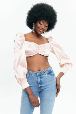 Solado Lantern Sleeve Pleated Crop Blouse