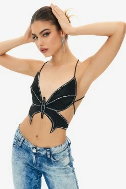SOLADO Butterfly Design Rhinestone Decor Backless Crop Top