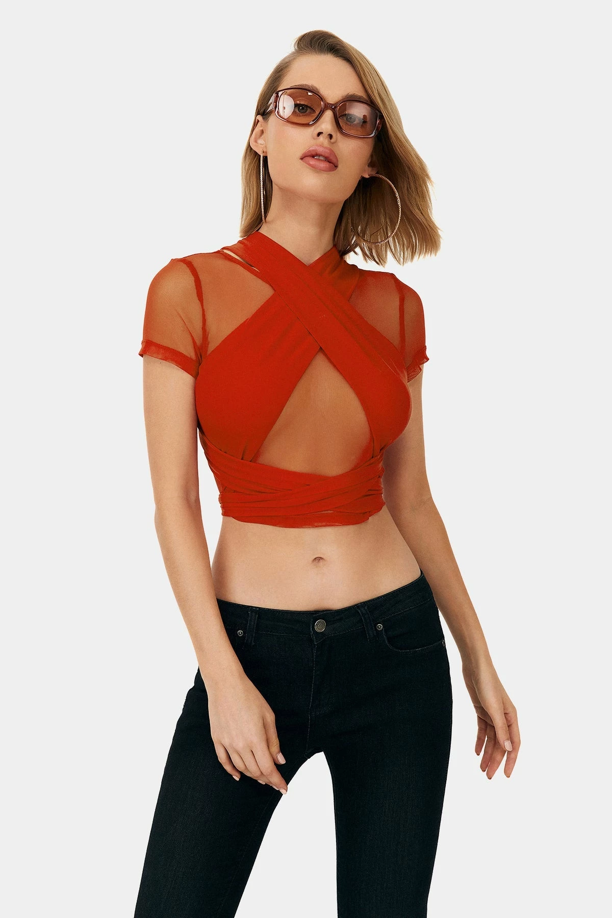 SOLADO Mesh Cross Wrap Tie Back Crop Top 6 SOLADO Mesh Cross Wrap Tie Back Crop Top - Image 4