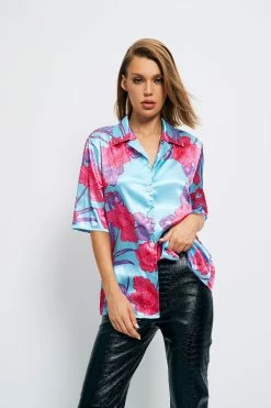 SOLADO Satin Flower Print Lapel Neck Short Sleeve Shirt