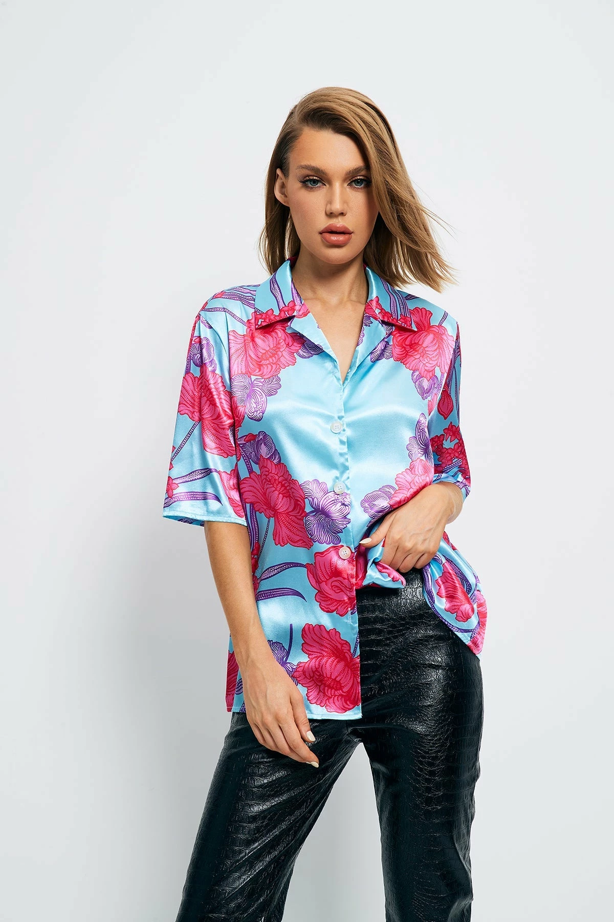 SOLADO Satin Flower Print Lapel Neck Short Sleeve Shirt 3 SOLADO Satin Flower Print Lapel Neck Short Sleeve Shirt