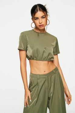SOLADO Roll Up Sleeve Cut Out Tie Back Crop Top
