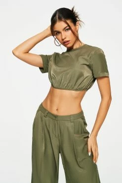 Alternative view of SOLADO Roll Up Sleeve Cut Out Tie Back Crop Top