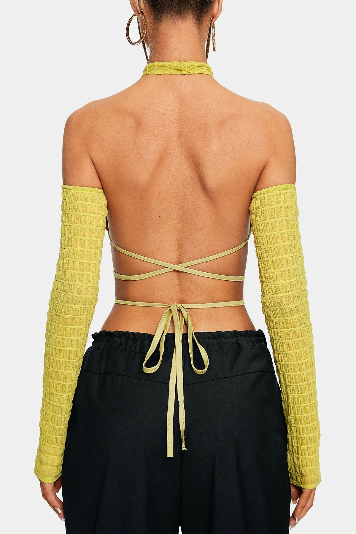 SOLADO Ruched Textured Halter Neck Backless Crop Top With Oversleeve 9 SOLADO Ruched Textured Halter Neck Backless Crop Top With Oversleeve - Image 7