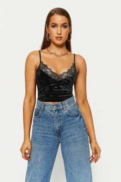 Solado Velvet Lace Trim Backless Cami Crop Top