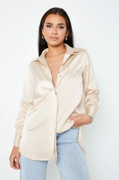 Solado Lapel Neck Button Front Long Sleeve Draped Satin Blouse