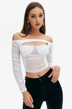 Solado Off Shoulder Cut Out Mesh Splicing Crop Top