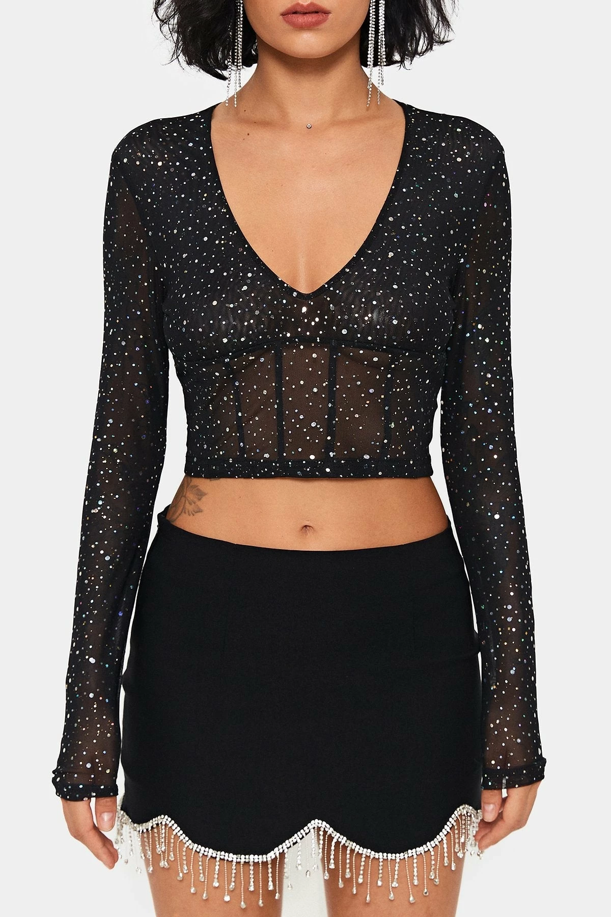 SOLADO Plunging Neck Sequin Mesh Long Sleeve Crop Top 8 SOLADO Plunging Neck Sequin Mesh Long Sleeve Crop Top - Image 6