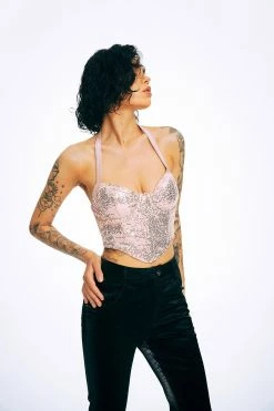 Solado Halter Neck Sequin Curved Hem Backless Corset Top