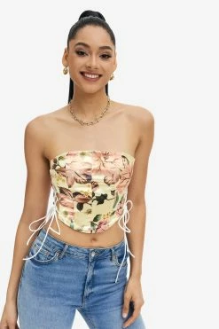 Solado Satin Floral Print Lace Up Tube Corset Top