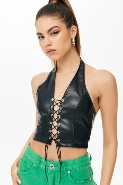 Solado Lace Up Halter Neck PU Leather Crop Top