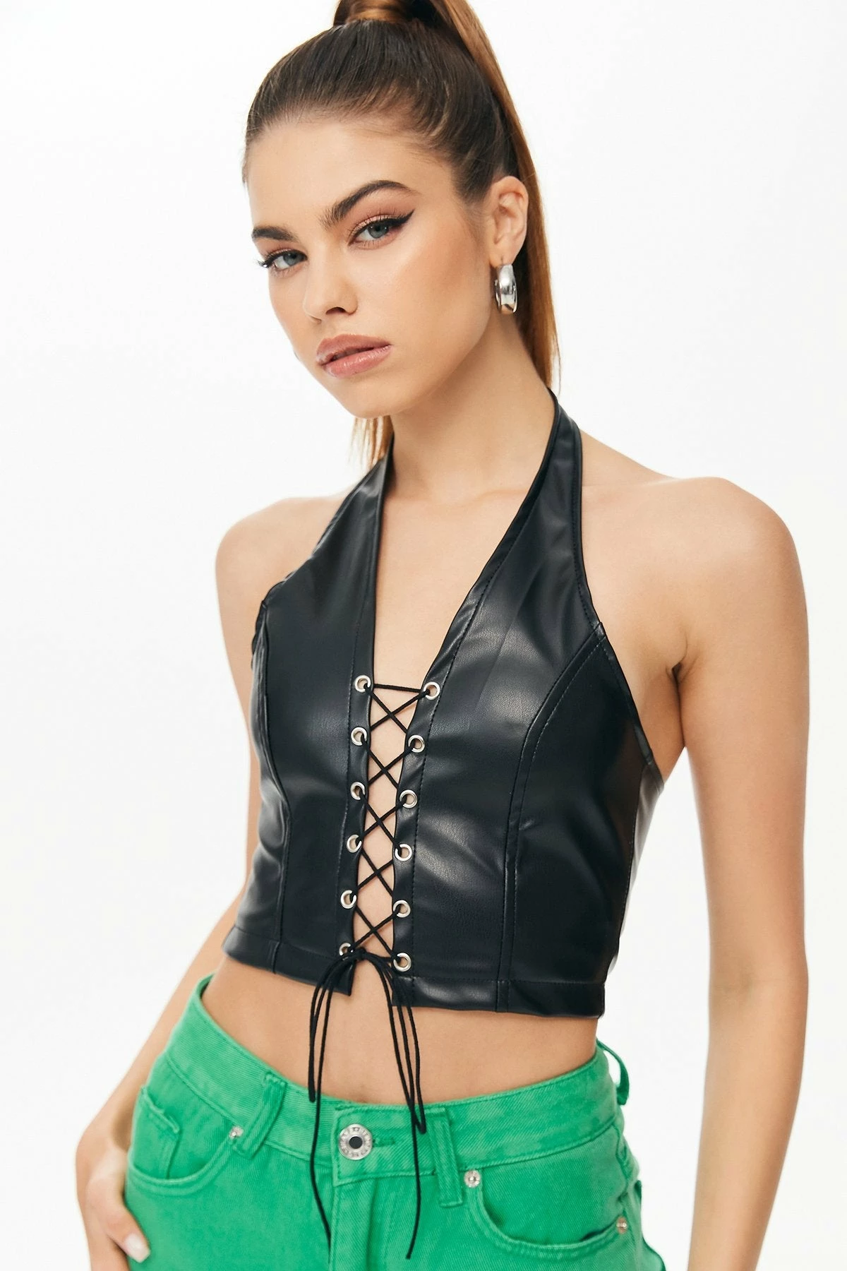 Solado Lace Up Halter Neck PU Leather Crop Top 3 Solado Lace Up Halter Neck PU Leather Crop Top