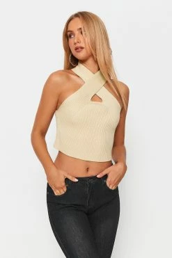 Solado Cross Front Ribbed Knit Sleeveless Crop Top