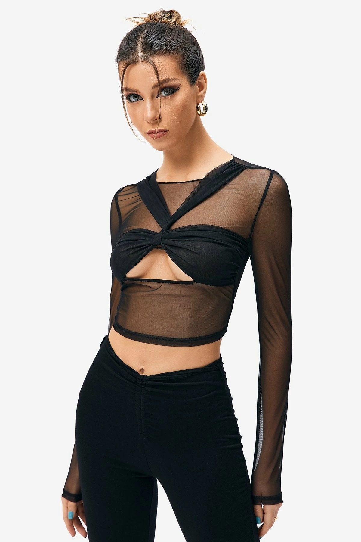 SOLADO Mesh Cut Out Twist Front Long Sleeve Crop Top 5 SOLADO Mesh Cut Out Twist Front Long Sleeve Crop Top - Image 3