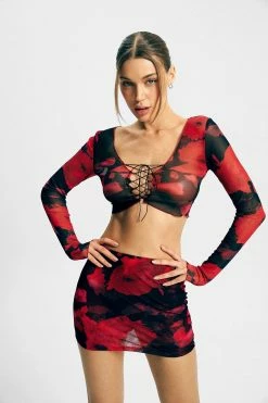 SOLADO Abstract Print Lace Up Long Sleeve Mesh Crop Top