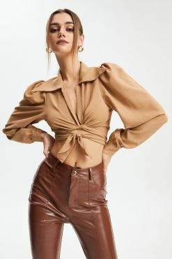 Solado Lantern Sleeve Tie Front Long Sleeve Blouse
