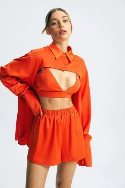 SOLADO Lapel Neck Long Sleeve Solid Crop Shirt Without Corset Top