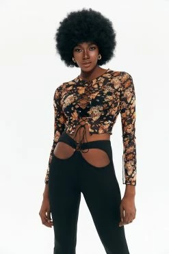 Solado Vintage Print Lace Up Mesh Crop Top