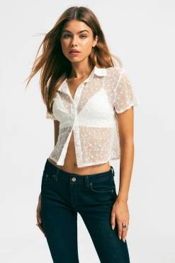 Solado Floral Lace Lapel Neck Mesh Blouse Without Bra