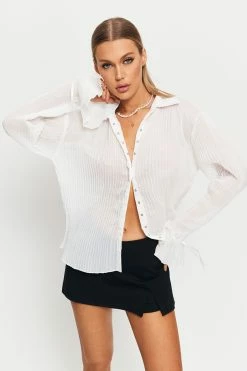 Solado Lapel Neck Stripe Pleat Flared Sleeve Blouse