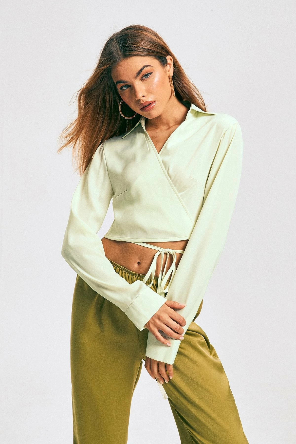 SOLADO Satin Lapel Neck Cross Tie Crop Shirt 4 SOLADO Satin Lapel Neck Cross Tie Crop Shirt - Image 2