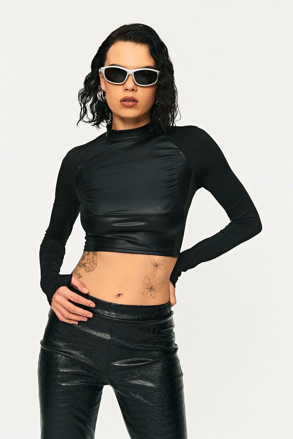 Solado Mock Neck PU Leather Splicing Long Sleeve Top 3 Solado Mock Neck PU Leather Splicing Long Sleeve Top