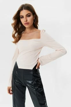 Solado Ribbed Irregular Hem Long Sleeve Blouse
