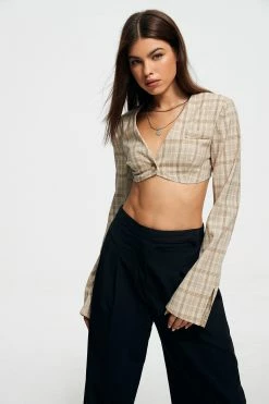 SOLADO Single Buttoned Check Print Long Sleeve Crop Top