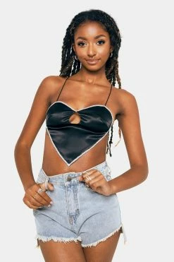 SOLADO Heart Shape Rhinestone Trim Backless Crop Top