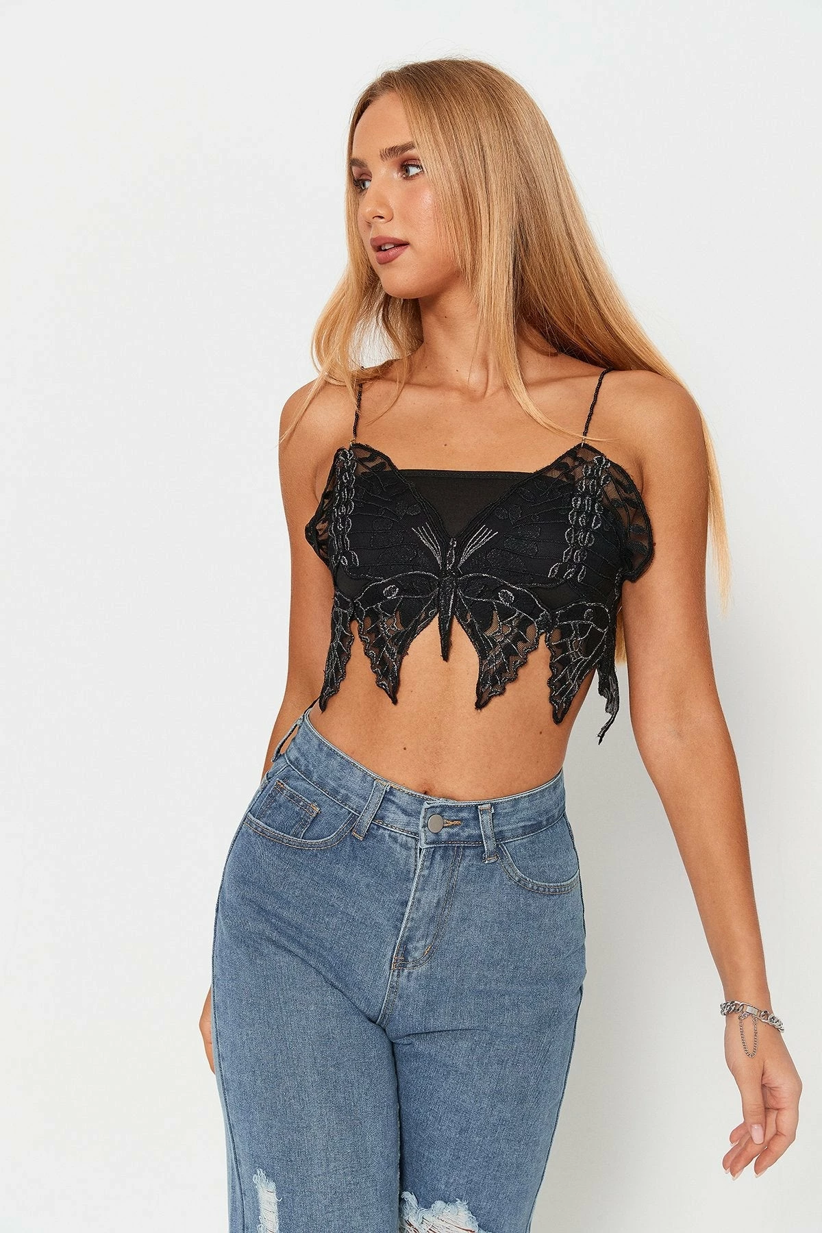 Solado Butterfly Embroidery Asymmetrical Hem Crop Top 4 Solado Butterfly Embroidery Asymmetrical Hem Crop Top - Image 2
