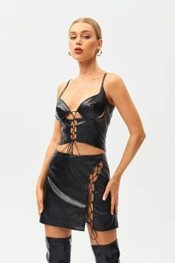 Alternative view of SOLADO Plunging Neck Lace Up PU Leather Crop Top