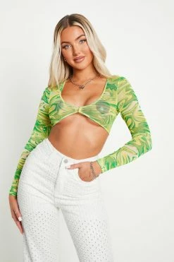SOLADO Mesh Swirl Print Plunging Neck Long Sleeve Top