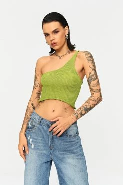 Solado One Shoulder Stripe Knitted Crimp Trim Crop Top