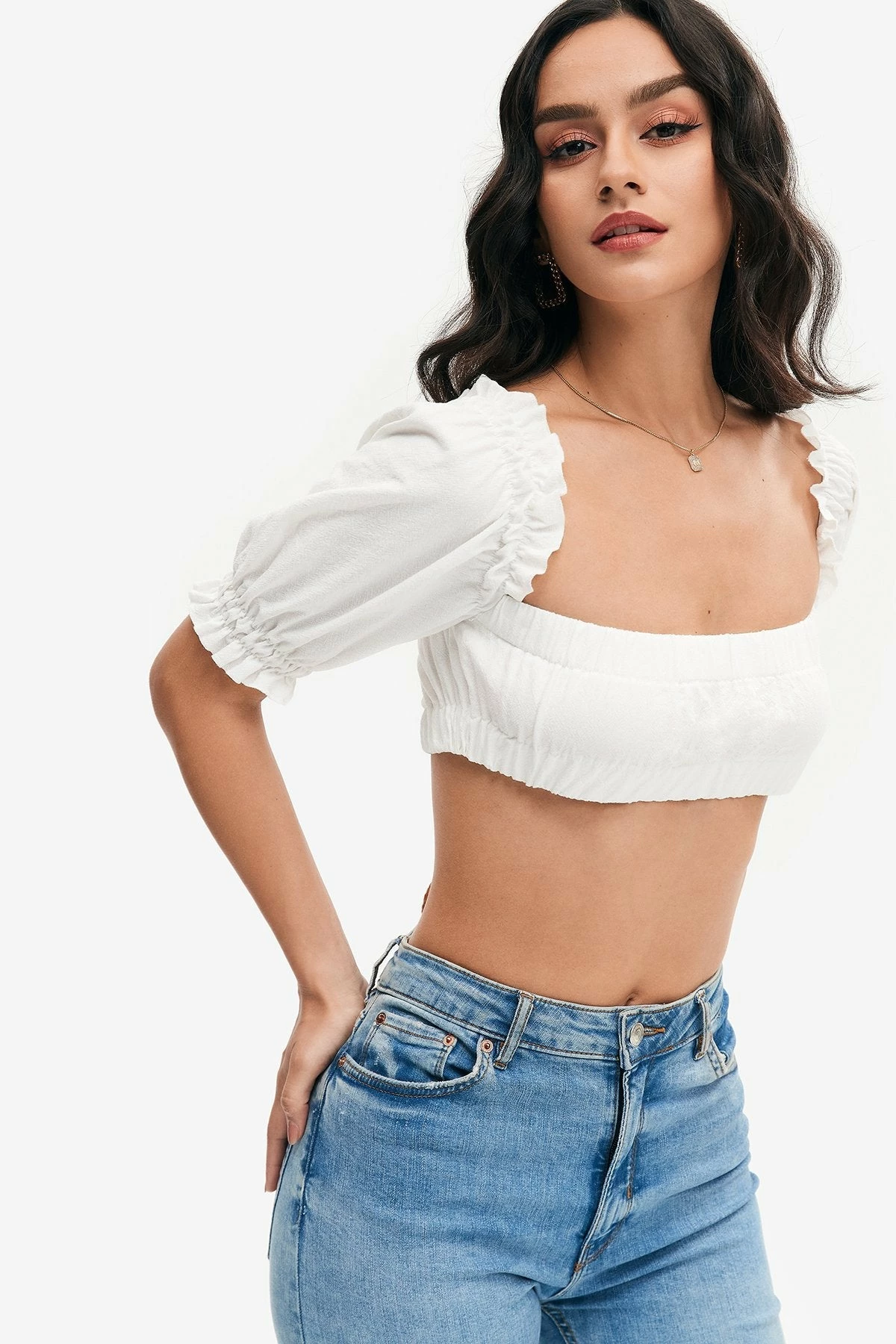 Solado Sqaure Neck Puff Sleeve Lettuce Trim Crop Top 3 Solado Sqaure Neck Puff Sleeve Lettuce Trim Crop Top