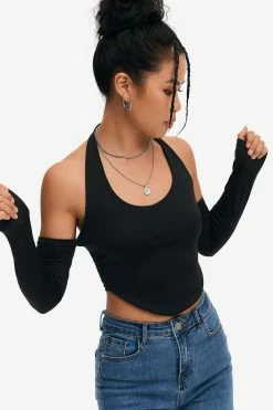 Solado Cold Shoulder Backless Curved Hem Crop Top