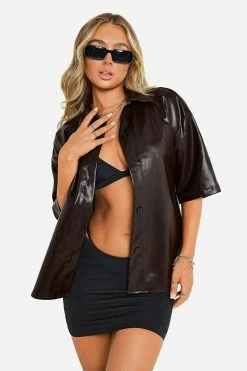 SOLADO Lapel Neck Button Front Short Sleeve PU Leather Coat