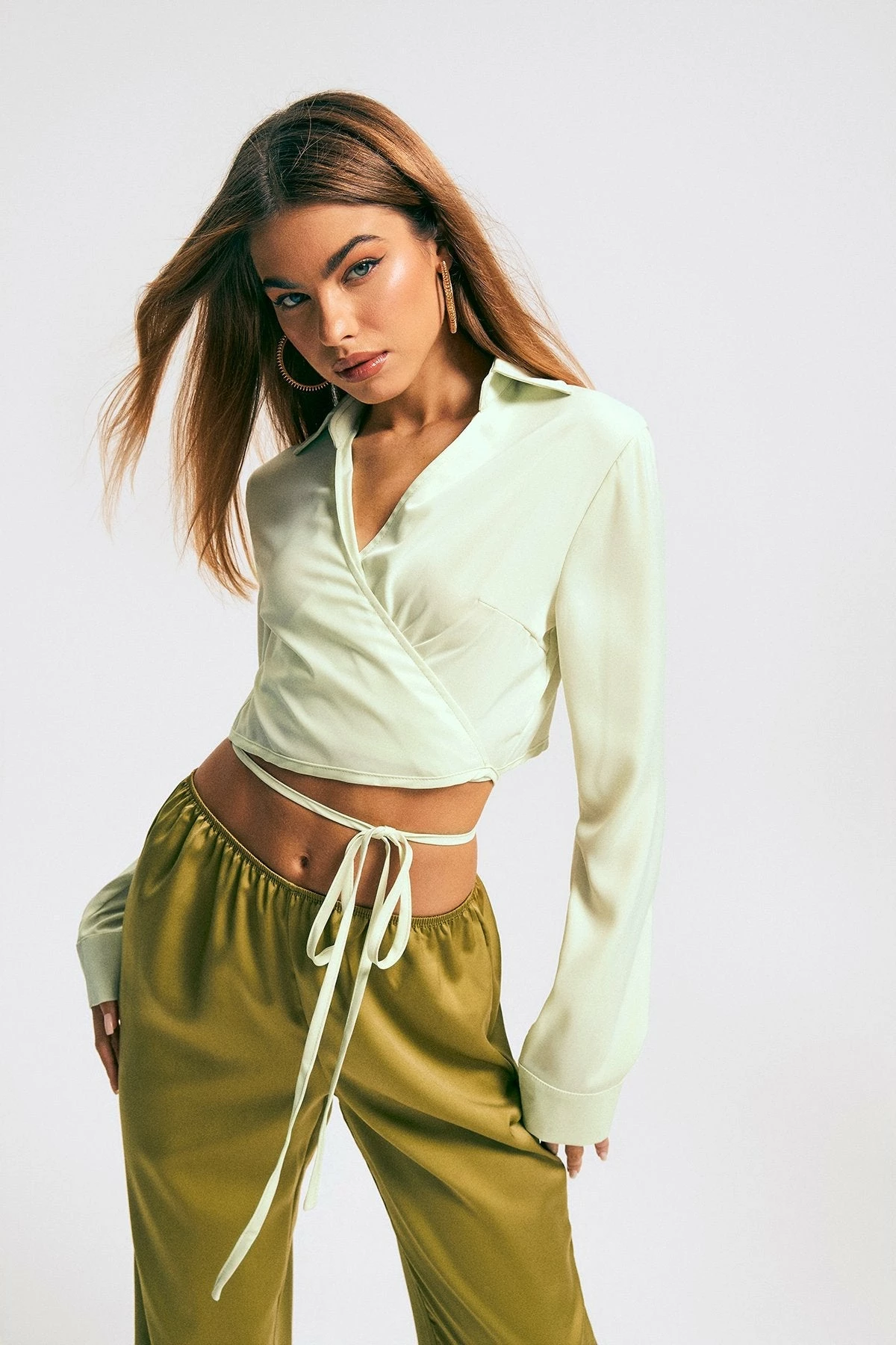 SOLADO Satin Lapel Neck Cross Tie Crop Shirt 7 SOLADO Satin Lapel Neck Cross Tie Crop Shirt - Image 5