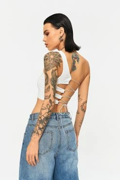 Solado One Shoulder Lace Up Sleeveless Crop Top