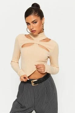 SOLADO 2 In 1 Mock Neck Cut Out Knitted Long Sleeve Top