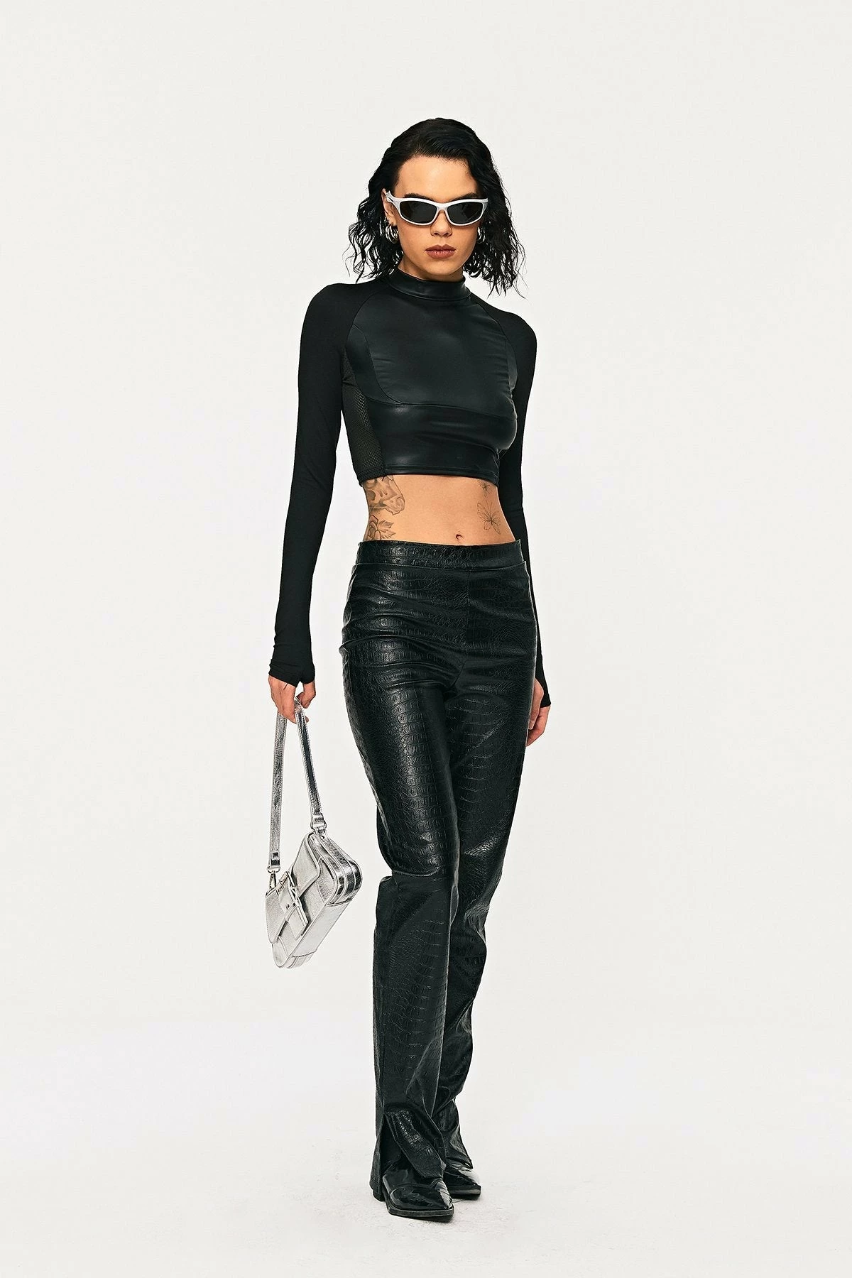 Solado Mock Neck PU Leather Splicing Long Sleeve Top 6 Solado Mock Neck PU Leather Splicing Long Sleeve Top - Image 4
