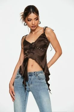 SOLADO Satin Lace Up Asymmetric Hem Crop Top