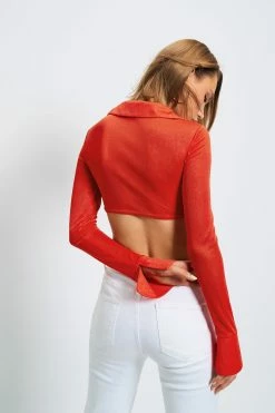 Alternative view of SOLADO Lapel Neck Splicing Split Cuff Long Sleeve Crop Top