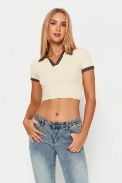 Solado Lapel Neck Colorblock Trim Short Sleeve Crop Top