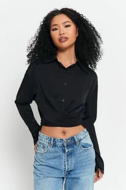 SOLADO Lapel Neck Cross Wrap Cinched Waist Blouse