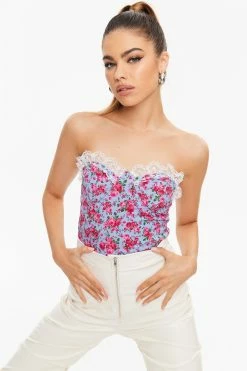 Solado Floral Print Lace Trim Corset Top