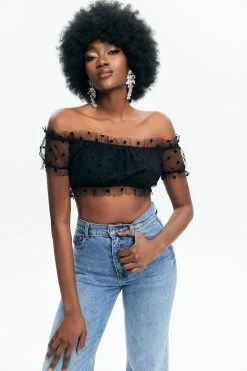 Solado Mesh Splicing Polka Dot Off Shoulder Crop Top