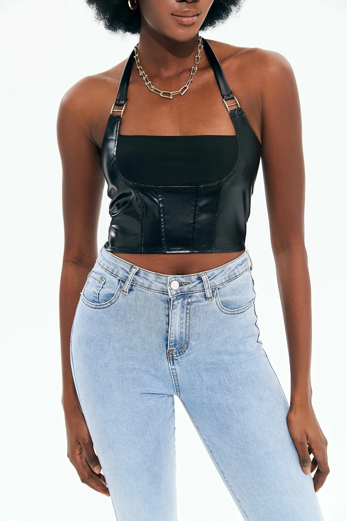 Solado Off Shouler Halter Neck PU Leather Crop Top 5 Solado Off Shouler Halter Neck PU Leather Crop Top - Image 3