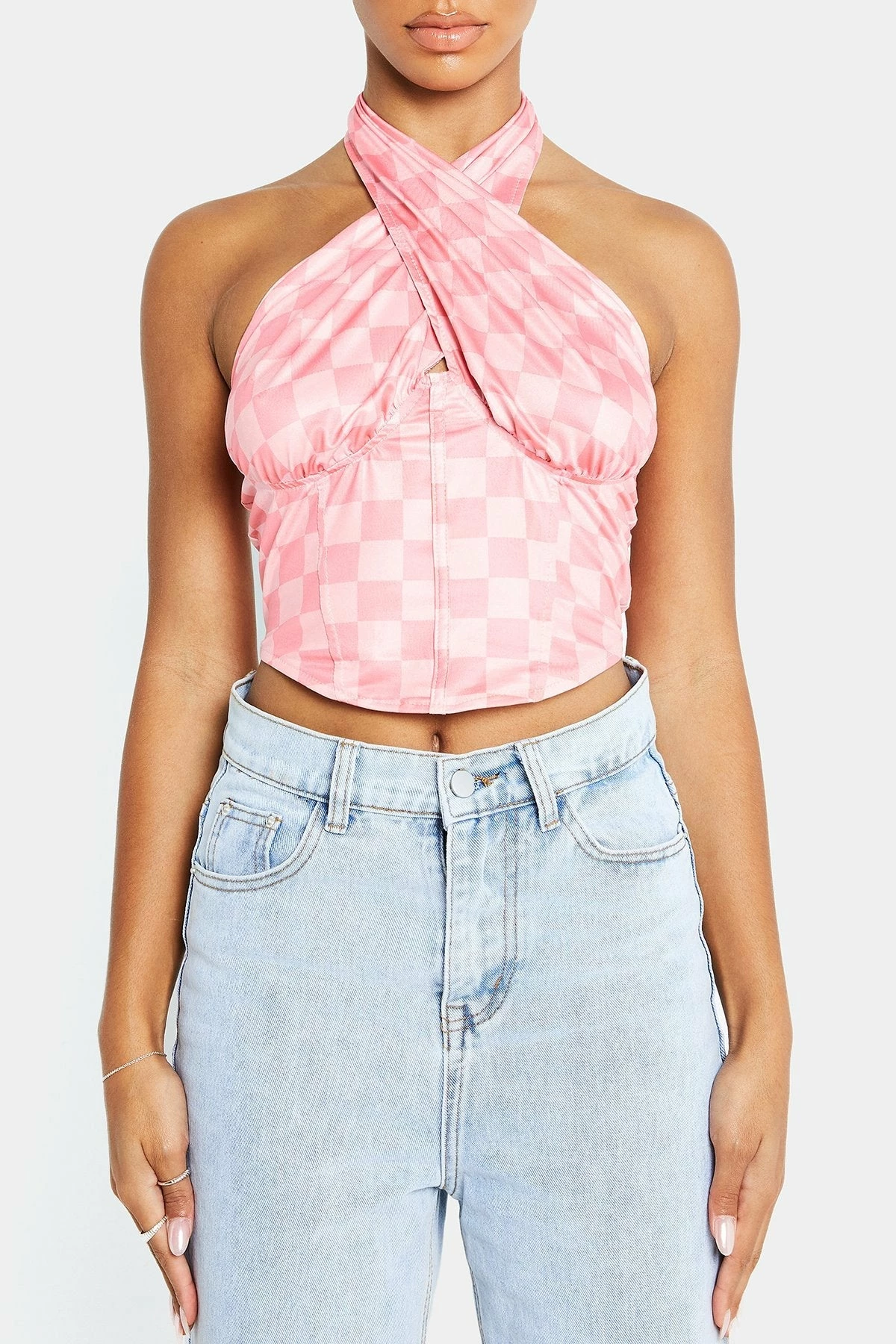 Solado Halter Neck Check Print Cross Wrap Crop Top 8 Solado Halter Neck Check Print Cross Wrap Crop Top - Image 6