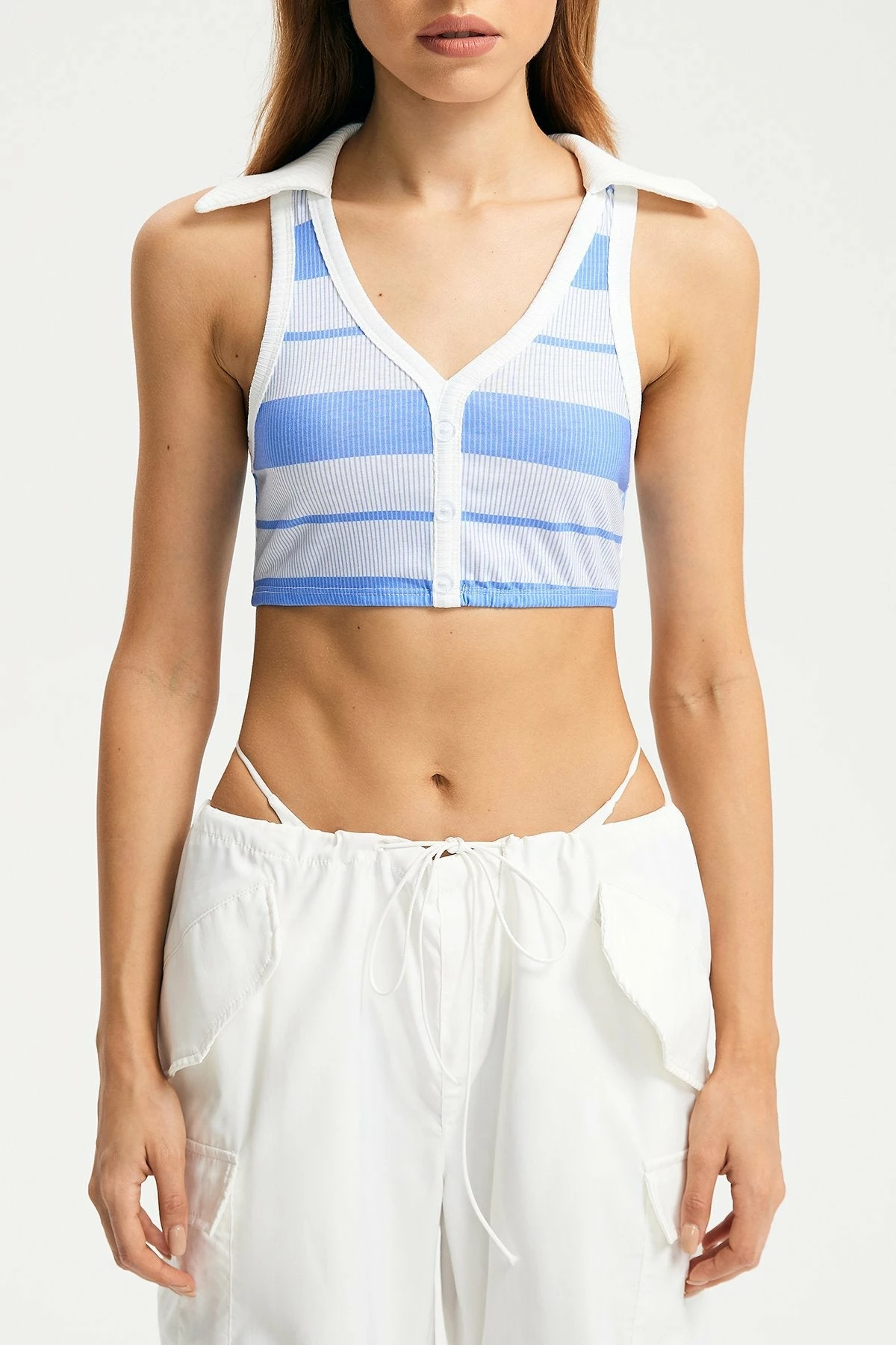 Solado Stripe Print Lapel Neck Single Breasted Tank Top 8 Solado Stripe Print Lapel Neck Single Breasted Tank Top - Image 6